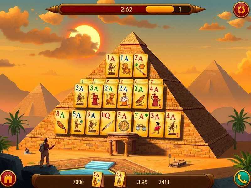 Pyramid Solitaire Ancient Egypt Free गेमप्ले स्क्रीनशॉट, मिस्र की पृष्ठभूमि में कार्ड्स का पिरामिड
